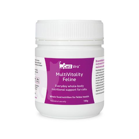Front view of CellVra MultiVitality Feline daily cat supplement 100g
