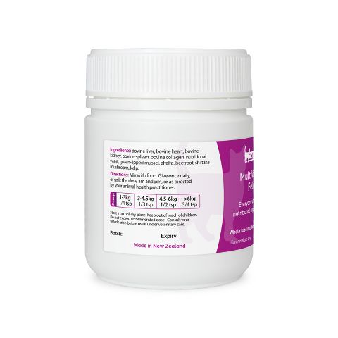 Left label view of CellVra MultiVitality Feline showing ingredients and dosage