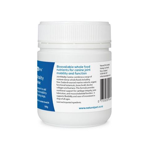 Right label view of CellVra JointVitality Canine product information